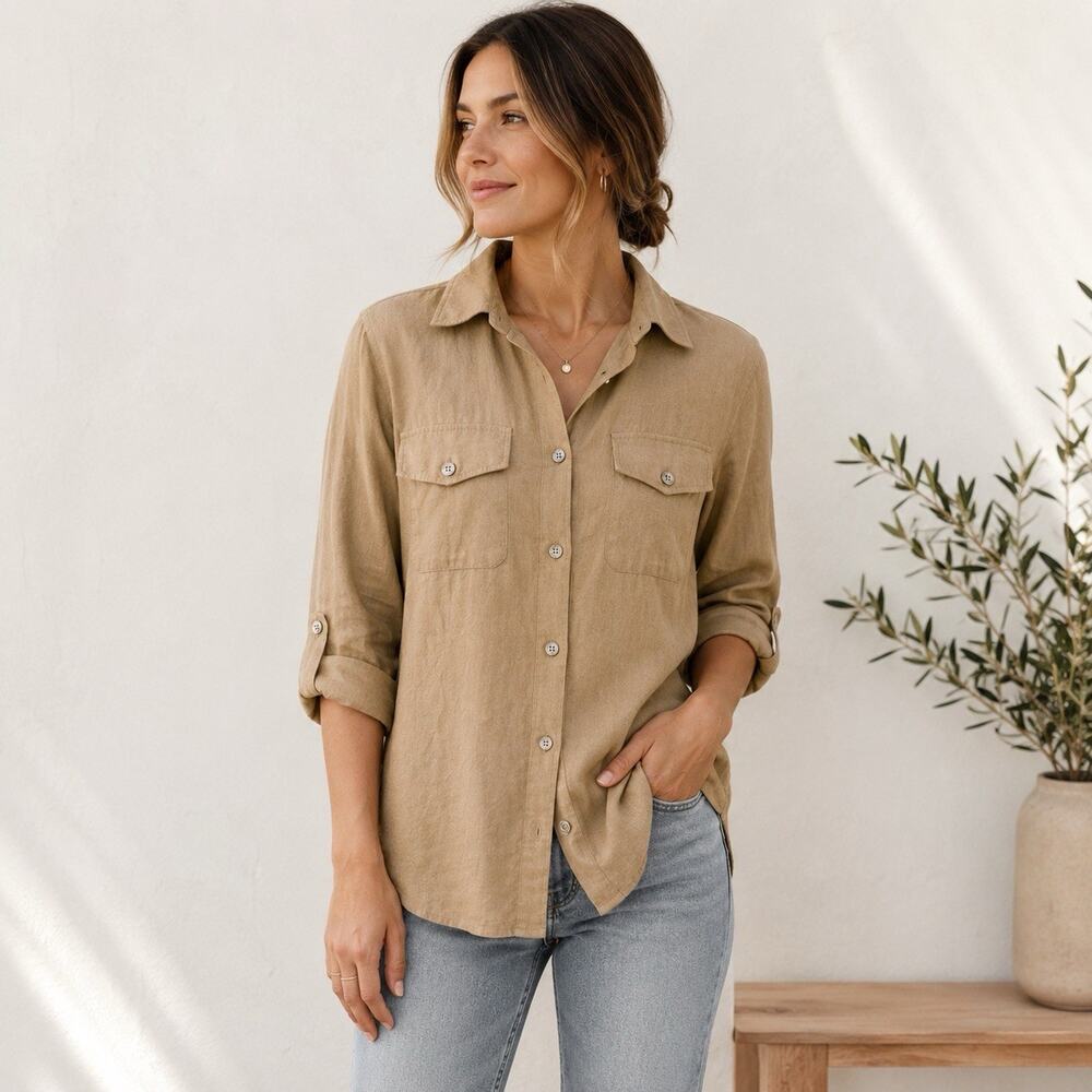 Jones New York S Linen Blend Button‎ Up Shirt Women’s Long Sleeve Khaki Safari